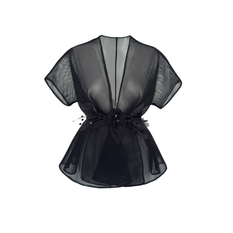 ÇİÇEK AKSESUARLI TRANSPARAN CEKET SİYAH