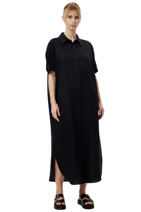 %100 KETEN RELAXED GÖMLEK ELBİSE SİYAH