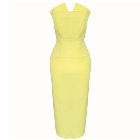 SIRT DEKOLTELİ STRAPLEZ ELBİSE SARI