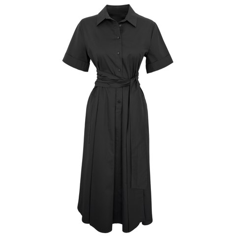 BELİ KUŞAKLI ÖNDEN DÜĞMELİ KISA KOL ELBİSE