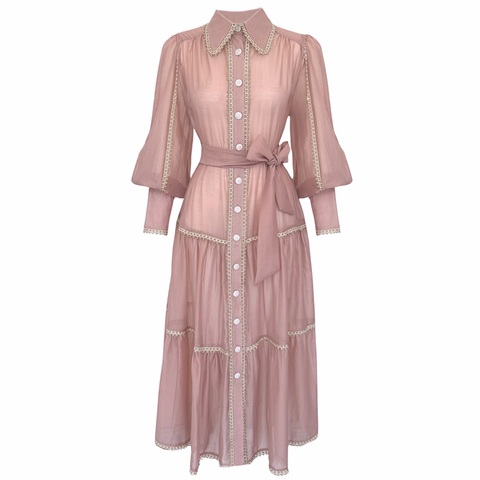 SİM ŞERİT DETAYLI BALON KOL ELBİSE PUDRA