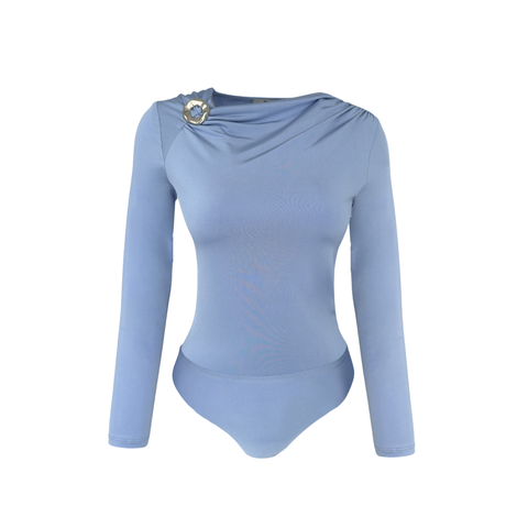 DRAPELİ BROŞ DETAY BODYSUIT MAVİ