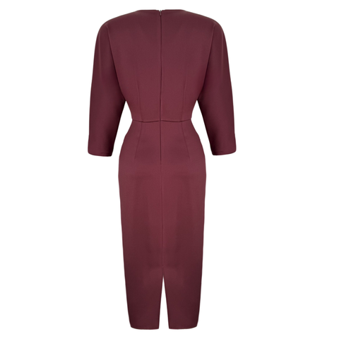 BELİ AKSESUAR DETAYLI V YAKA SATEN ELBİSE BORDO