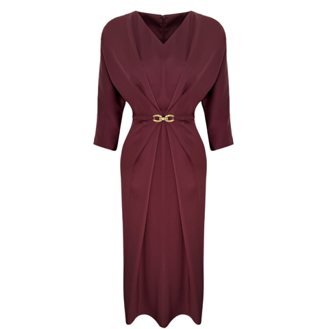 BELİ AKSESUAR DETAYLI V YAKA SATEN ELBİSE BORDO