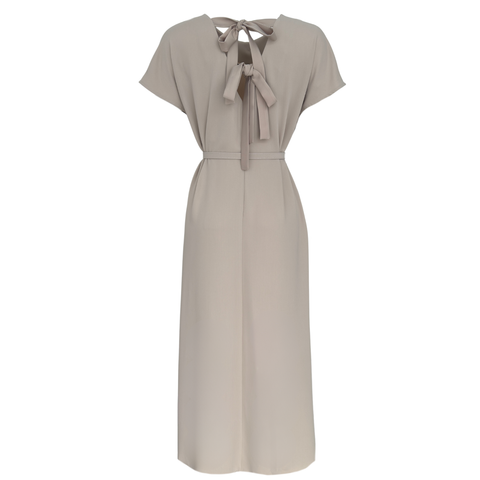 SIRTI BAĞLAMALI MAKSİ BOY KEMERLİ ELBİSE TAŞ