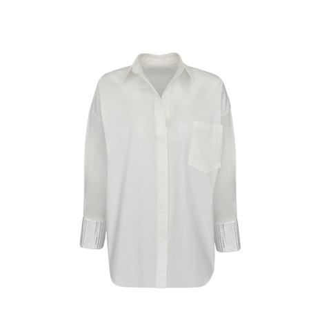 MANŞETLERİ TAŞLI OVERSİZE GÖMLEK EKRU