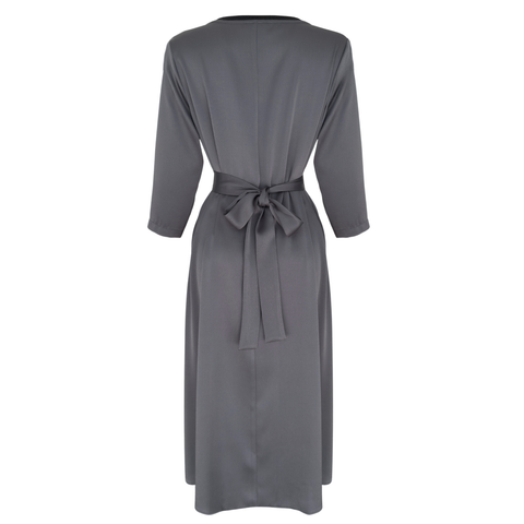 BELİ KUŞAK DETAYLI PAMUK SATEN ELBİSE GRİ