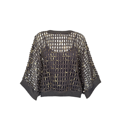 GOLD BASKILI OVERSİZE FİLE BLUZ GRİ