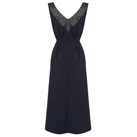 V YAKA PAYET İŞLEMELİ ELBİSE SİYAH