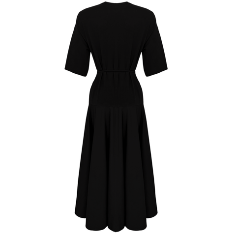 ETEĞİ PARAŞÜT KUMAŞ KISA KOL ELBİSE SİYAH