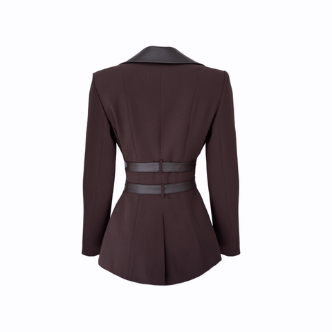 DERİ YAKA VE KEMER DETAYLI CEKET KAHVE