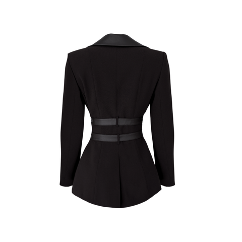 DERİ YAKA VE KEMER DETAYLI CEKET SİYAH