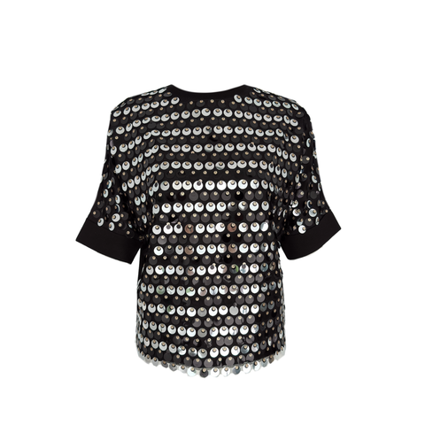 DÜŞÜK KOL PAYET İŞLEMELİ TRİKO SİYAH