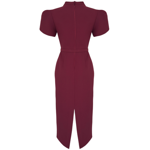 DİK YAKA KEMER DETAY KALEM ELBİSE BORDO