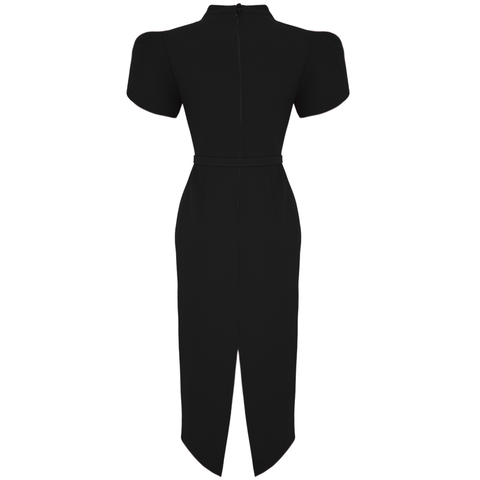 DİK YAKA KEMER DETAY KALEM ELBİSE SİYAH