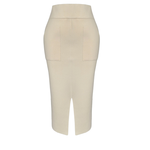 ÖNDEN YIRTMAÇ DETAYLI TRİKO KALEM ETEK EKRU