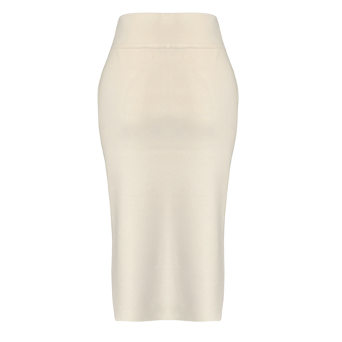 ÖNDEN YIRTMAÇ DETAYLI TRİKO KALEM ETEK EKRU