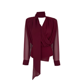 YAKASI ŞAL DETAYLI KRUVAZE ŞİFON BLUZ BORDO