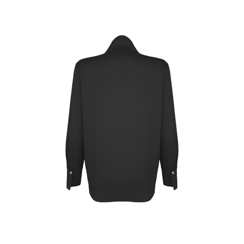 DİK YAKA GOLD DÜĞMELİ PAMUK SATEN BLUZ SİYAH