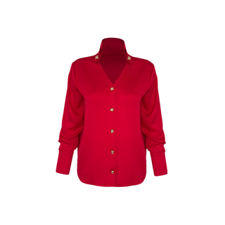 DİK YAKA GOLD DÜĞMELİ PAMUK SATEN BLUZ KIRMIZI