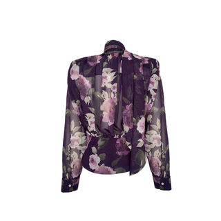 FLORAL DESEN ŞAL YAKA KRUVAZE ŞİFON BLUZ MOR