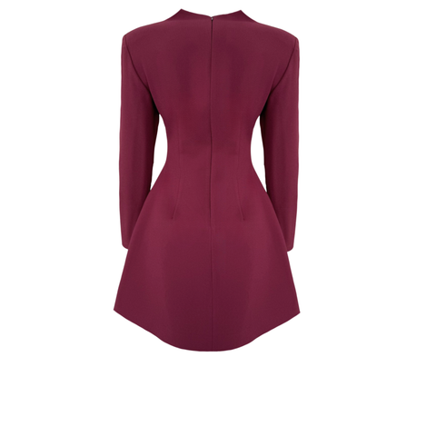 DÜĞME DETAYLI DİK YAKA ELBİSE BORDO