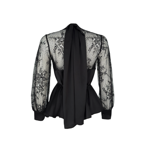 DANTEL DETAYLI BOYUNDAN BAĞLAMALI BLUZ SİYAH