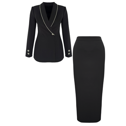 YAKASI TAŞ İŞLEMELİ CEKET VE ETEK TAKIM