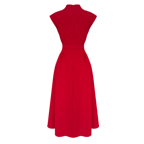 KEMERİ TAŞ DETAY BEL VURGULU ELBİSE KIRMIZI