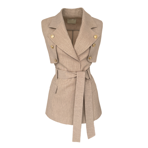 BELİ KUŞAKLI GOLD DÜĞMELİ TAKIM CAMEL