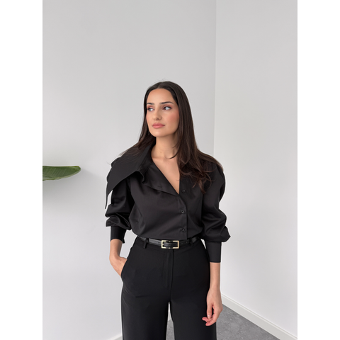 BERRY ASYMMETRIC COLLAR DETAILED SHIRT BLACK