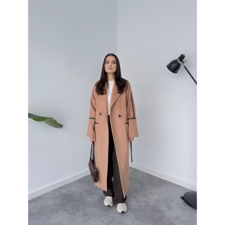 WOOL COAT CAMEL WITH LEATHER BAND DETAILED