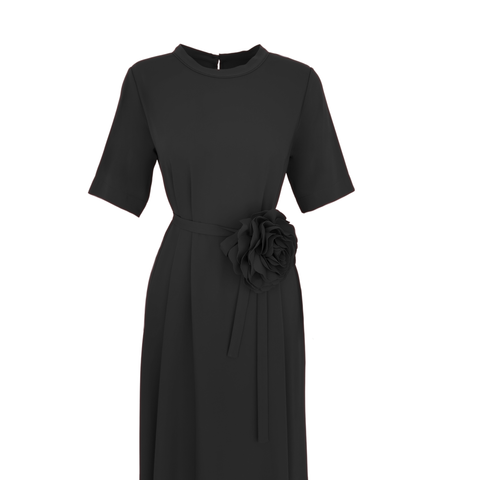 ROSE DETAILED SHORT SLEEVE OVERSIZED DRESS BLACK