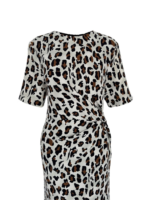 BELİ DÜĞÜM DETAY LEOPAR DESEN ELBİSE