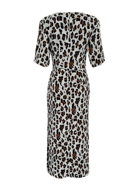 BELİ DÜĞÜM DETAY LEOPAR DESEN ELBİSE