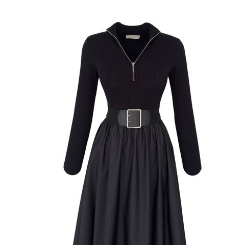 TRİKO GARNİLİ PARAŞÜT KUMAŞ ELBİSE SİYAH