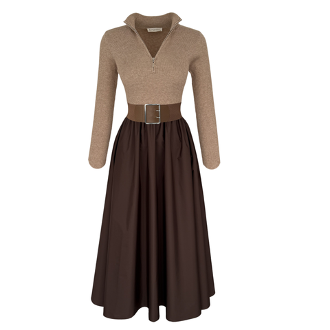 TRİKO GARNİLİ PARAŞÜT KUMAŞ ELBİSE KAHVE