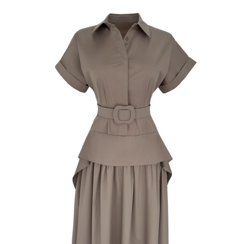 ETEĞİ VOLANLI MAKSİ BOY ELBİSE KAHVERENGİ