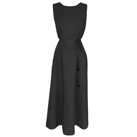 SIRT DEKOLTELİ %100 KETEN ELBİSE SİYAH