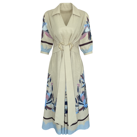 BELİ AKSESUAR DETAYLI FLORAL DESEN MAKSİ ELBİSE