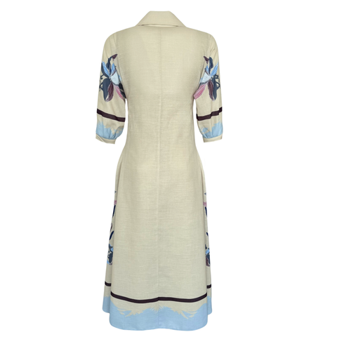 BELİ AKSESUAR DETAYLI FLORAL DESEN MAKSİ ELBİSE