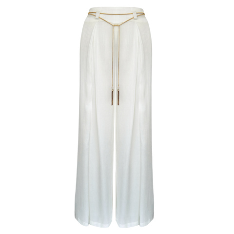 BELİ ZİNCİR AKSESUARLI PİLELİ GENİŞ PAÇA PANTOLON EKRU