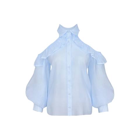 OMUZ DEKOLTELİ TRANSPARAN GÖMLEK MAVİ