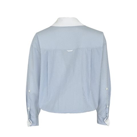 BÜZGÜ DETAYLI ÇİZGİLİ GÖMLEK MAVİ