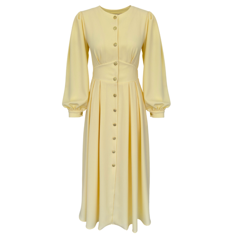 GOLD DÜĞME DETAYLI KREP ELBİSE SARI