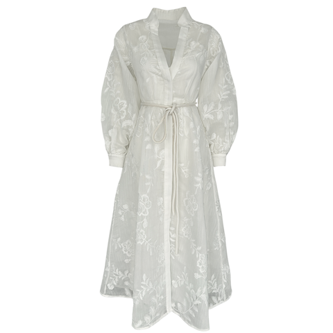 3D ÇİÇEK DETAYLI ELBİSE EKRU