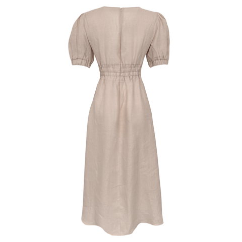 DÜĞÜM DETAYLI %100 KETEN ELBİSE BEJ