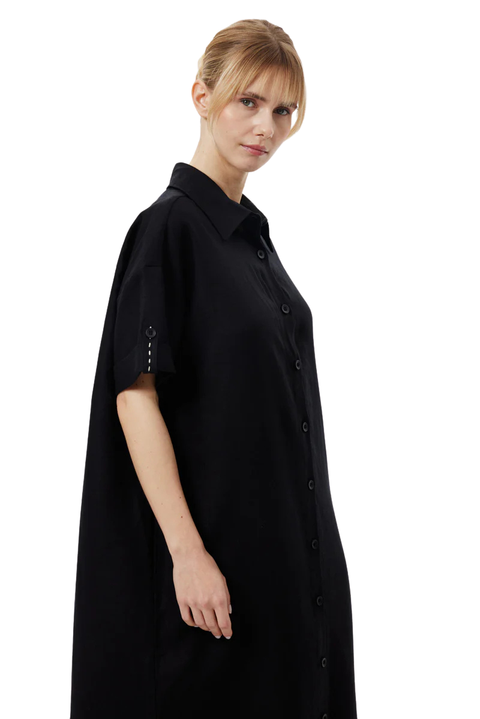 %100 KETEN RELAXED GÖMLEK ELBİSE SİYAH