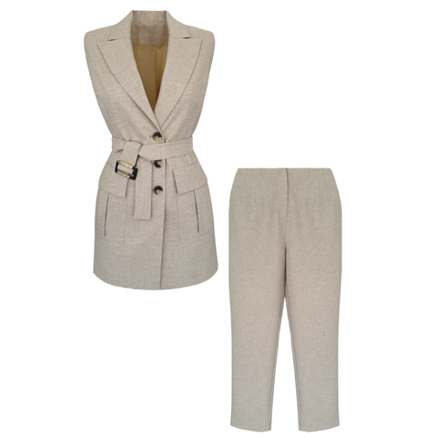 BELİ KUŞAKLI CEP DETAY YELEKLİ TAKIM