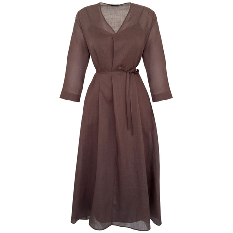 V YAKA %100 RAMİ MAKSİ BOY ELBİSE KAHVE